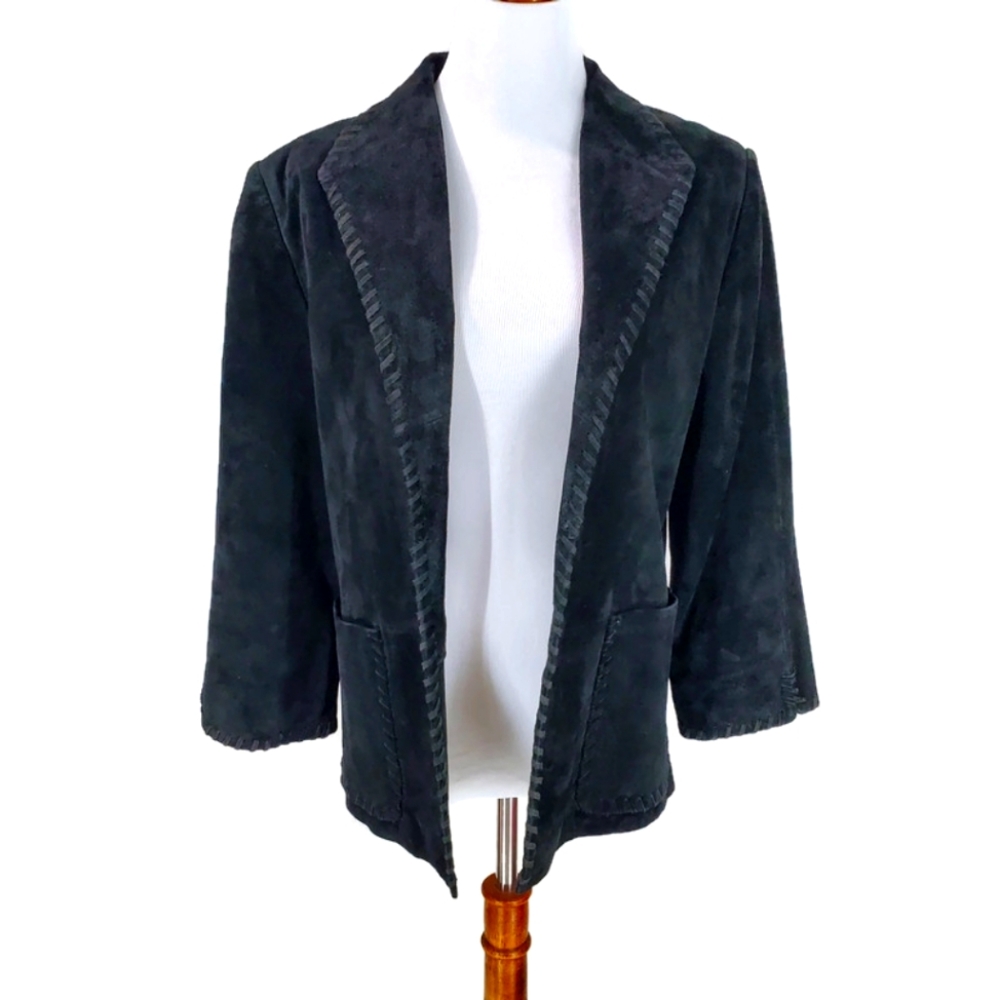 Black Genuine Suede Boho Western Y2K 90's Vintage Leather Jacket Blazer Coat - Picture 1 of 13